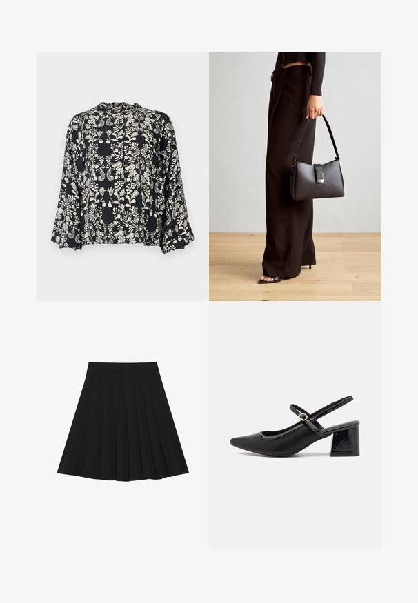 Črna bluzica z belim cvetličnim vzorcem, ki ima nabran ovratnik in ohlapne, razširjene rokave. Tekstura tkanine z navpičnimi črtami.; Črna plisirana krila iz strukturiranega materiala s prilegajočim pasom. Segajo do kolen in ponujajo gladko, čisto silhueto.; Črne patentne usnjene salonarce s slingback obliko, s koničastim nosom, zaobljenim izrezom in blok peto. Imajo zlato kovinsko zaponko kot dodatno okrasje.; Črna torbica z strukturirano obliko, gladko teksturo in kovinskim zaponko. Ujemajo se z širokimi črnimi hlačami in odprtimi sandali na lesenem tleh.