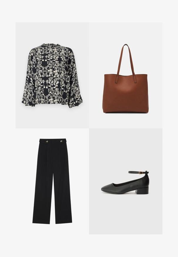 Črna bluzica z belim cvetličnim vzorcem, ki ima nabran ovratnik in ohlapne, razširjene rokave. Tekstura tkanine z navpičnimi črtami.; Črne široke hlače s visokim pasom, gumbnimi detajli na pasu in sprednjimi gubami.; Črne usnjene pumpice z nazobčanimi prsti in nizko blokasto peto. Imajo trak okoli gležnja z zaponko v zlatem tonu. Gladka tekstura.; Rjava usnjena torba z gladko teksturo, odprto zasnovo zgoraj in dvema naramnima trakovoma. Opremljena je z minimalnim šivanjem in brez vidnih kovinskih delov.