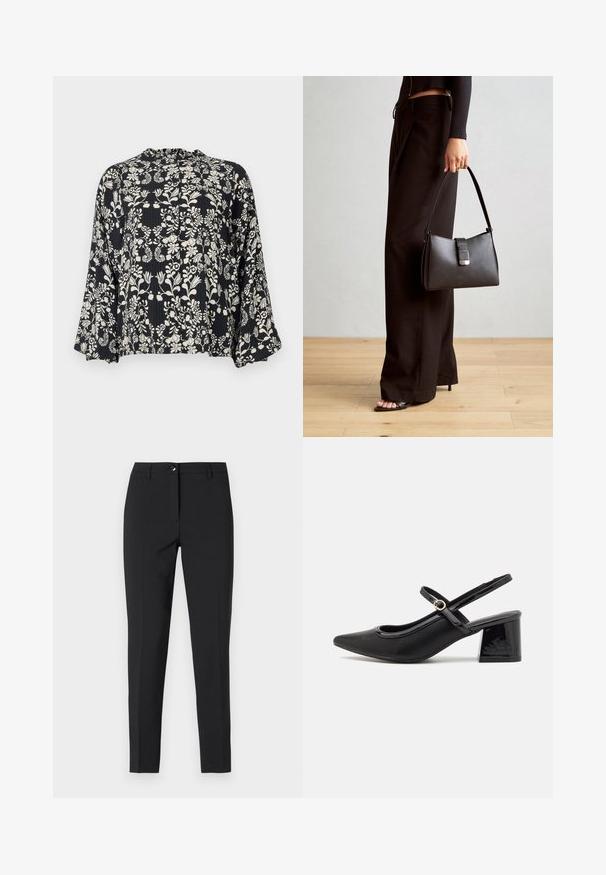 Schwarze Bluse mit einem weißen Blumenmuster, featuring einen Rüschensaum und lockeren, ausgestellten Ärmeln. Strukturierter Stoff mit vertikalen Streifen.; Schwarz enganliegende Hosen aus glattem Material, mit einem klassischen Bund, Reißverschluss vorne und seitlichen Taschen in einem eleganten, maßgeschneiderten Design.; Schwarze Lackleder-Slingback-Absätze mit spitzer Zehenform, einem runden Ausschnitt-Design und einem Blockabsatz. Mit einem goldfarbenen Schnallenakzent.; Schwarze Handtasche mit strukturierter Form, glatter Textur und einem metallischen Verschluss. Kombiniert mit weiten schwarzen Hosen und offenen Sandalen auf einem Holzboden.