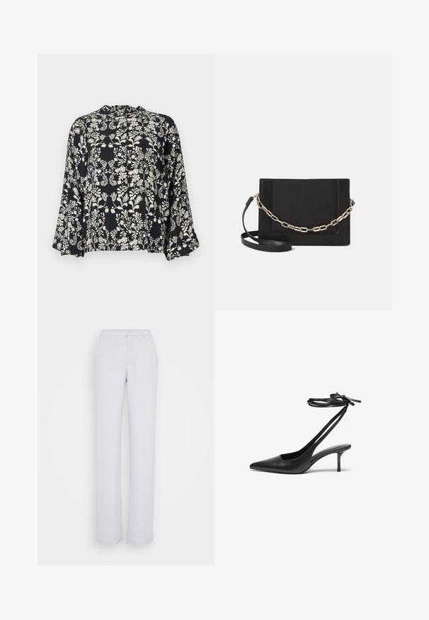Bluză neagră cu imprimeu floral alb, având un decolteu volanat și mâneci largi, evazate. Material texturat cu linii verticale.; Pantaloni gri deschis cu un design drept, confecționați dintr-o țesătură netedă, cu o față plată, brâu și fără embellishment-uri vizibile.; Pantof de stiletto din piele neagră, cu vârf ascuțit, spate deschis și curele pentru gleznă legate în fundă. Toc subțire de 3 inci. Textură netedă, design minimalist.; Geantă de umăr din piele neagră, cu o textură netedă, formă rectangulară și un detaliu din lanț metalic în față. Include curea reglabilă.