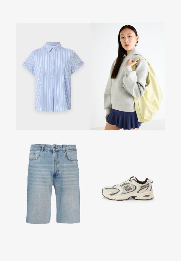 Gai zilas īsām piedurknēm pogājama krekla ar vertikālām baltām svītrām, apkakles kakla daļu un sarullētām piedurknēm. Gluda auduma tekstūra.; T-krekls ar īsām piedurknēm, rozā, baltām un brūnām horizontālām svītrām, brūnu apkakli un pogājamām detaļām.; Gaišzili džinsi, kas piedāvā klasisku piecu kabatu dizainu, pogu aizdari, taisnu griezumu un smalku izbalēšanu uz auduma.; Baltas un brūns sporta apavas ar acs materiāla augšdaļu, izliekta dizaina, mīkstinātu zoli un "N" logotipu sānos. Izturīga gumijas zole.; Pelēka lielizmēra kapučjakete ar kanguru kabatu, kombinēta ar tumši lazdu svārkiem. Aksesuārs: liela gaismas dzeltena mugursoma ar gludu tekstūru.