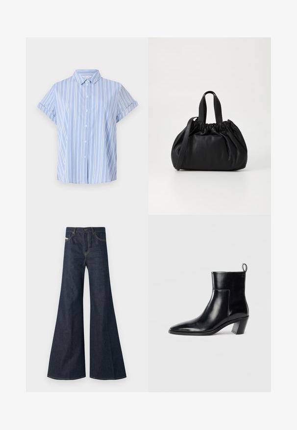 Világoskék, rövid ujjú, gombos ing, függőleges fehér csíkokkal, galléros nyakkivágással és felgöngyölt ujjakkal. Sima szövettextúra.; Sötétkék, bővülő farmernadrág, magas derékkal, aranyvarrás kiemelésekkel, és két elülső zsebbel, gombos záródással.; Fekete bőr bokacsizma hegyes orral, geometrikus, rétegelt sarokkal és hátsó húzófüllel. Sima textúra és kifinomult dizájn.; Fekete bőr kézitáska, összegyűrt felső dizájnnal, két rövid fülekkel és egy hosszú, állítható pánttal. Simább textúra, lekerekített forma.