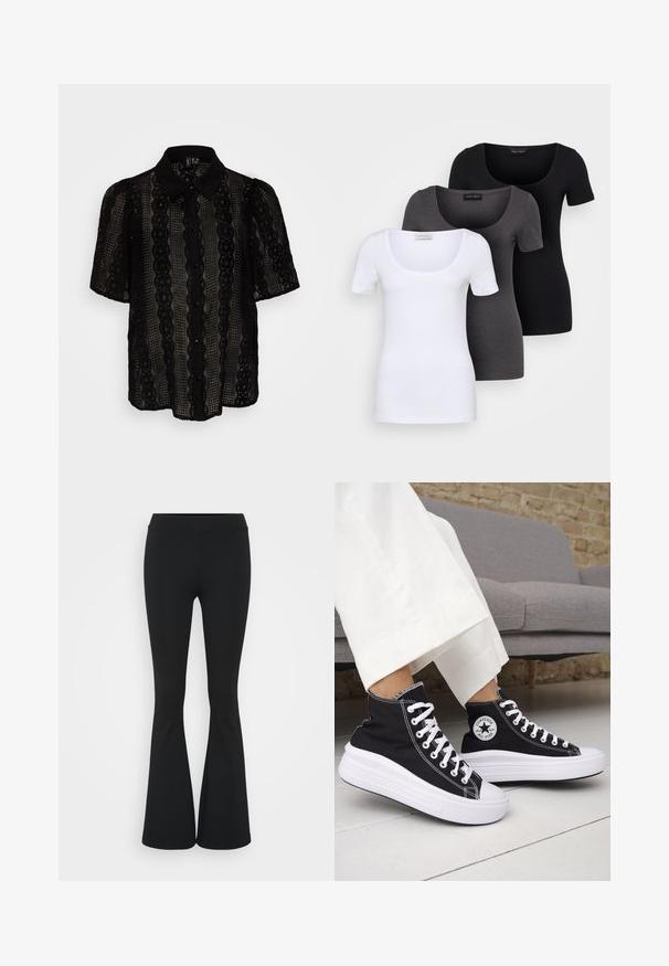 Black lace blouse featuring a collared neckline, short puff sleeves, vertical stripe patterns, and button closures down the front.; Three fitted T-shirts in white, gray, and black. Each features a wide scoop neckline and short sleeves. Made from smooth, stretchy fabric.; Black flared pants made of stretchy fabric, featuring a high waistband and a smooth texture. The pants flare out from the knee.; Black high-top sneakers with white rubber soles and laces. Features a round logo patch and contrasting white stitching. Canvas material.