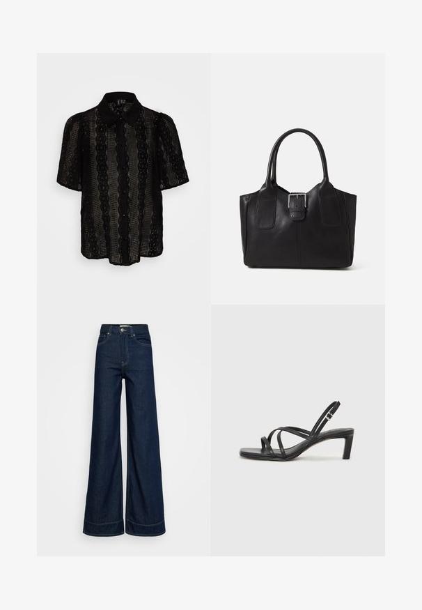 Čierna čipkovaná blúzka s golierom, krátkymi pufkovými rukávmi, vertikálnymi prúžkami a gombíkovým zapínaním na prednej strane.; Tmavomodré vysoké široké nohavice s vreckami vpredu, s pútkami na opasok, zapínaním na gombík a viditeľným šitím na bielom pozadí.; Čierne sandále na vysokom podpätku so štvorcovou špičkou a nízkym blokovým podpätkom. Obsahujú viacero tenkých popruhov a nastaviteľný členkový popruh. Vyrobené z hladkej kože.; Čierna kožená taška s hladkou textúrou, štruktúrovaným tvarom, dvoma uchami a výrazným strieborným prackovým detailom na prednej strane.