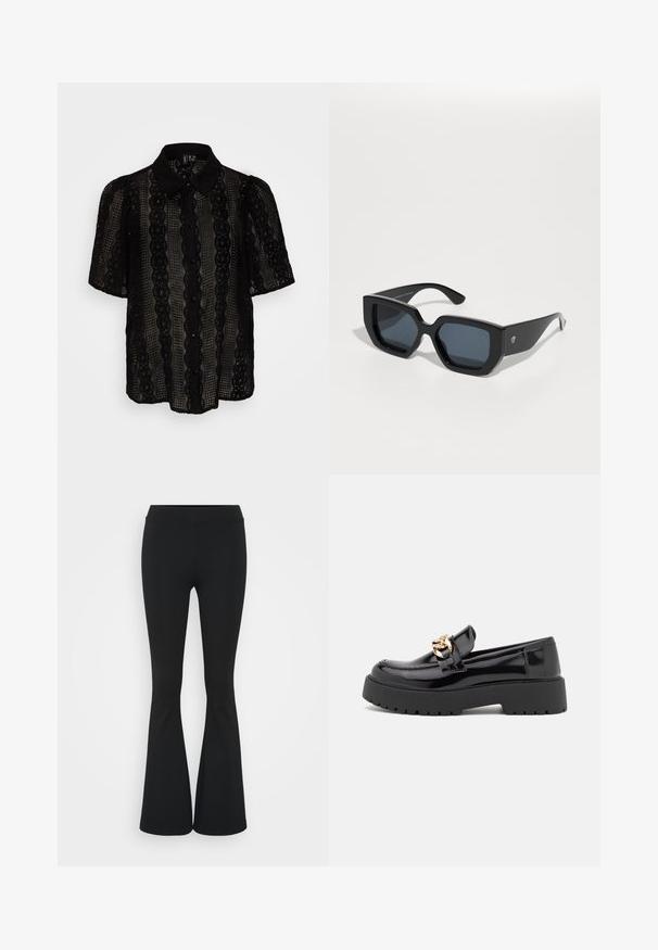 Svart blondebluse med kragehals, korte pufferm, vertikale stripe mønstre og knappelukking foran.; Svarte flared bukser laget av elastisk stoff, med høy midje og en glatt tekstur. Buksene vidder ut fra kneet.; Sorte lakkert skinnloafer med en kraftig svart såle og detaljer i gull. Glatt tekstur og avrundet tådesign.; Svart oversized solbriller med geometrisk design, rektangulære linser og blank overflate. Ingen synlig merkevare på forsiden.