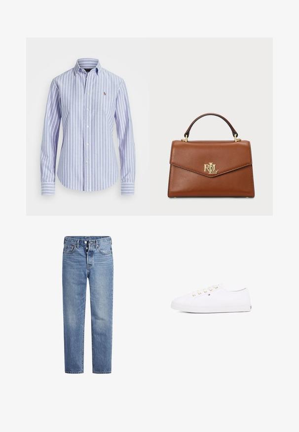Camisa de botões azul e branca com riscas, com colarinho, apresentando um pequeno logótipo bordado no peito e punhos com botões. Textura de tecido suave.; Jeans de denim azul claro com corte reto, design de cinco bolsos e fecho de botão. Apresenta um desbotado subtil e detalhes de costura laranja.; Sapatilhas de lona brancas com ilhós dourados, atacadores planos, sola de borracha texturizada e marcas mínimas de branding de lado. Design de baixo perfil.; Mala de couro castanho com um design estruturado, alça superior, ferragens douradas e um destaque do logótipo na frente. Textura suave.