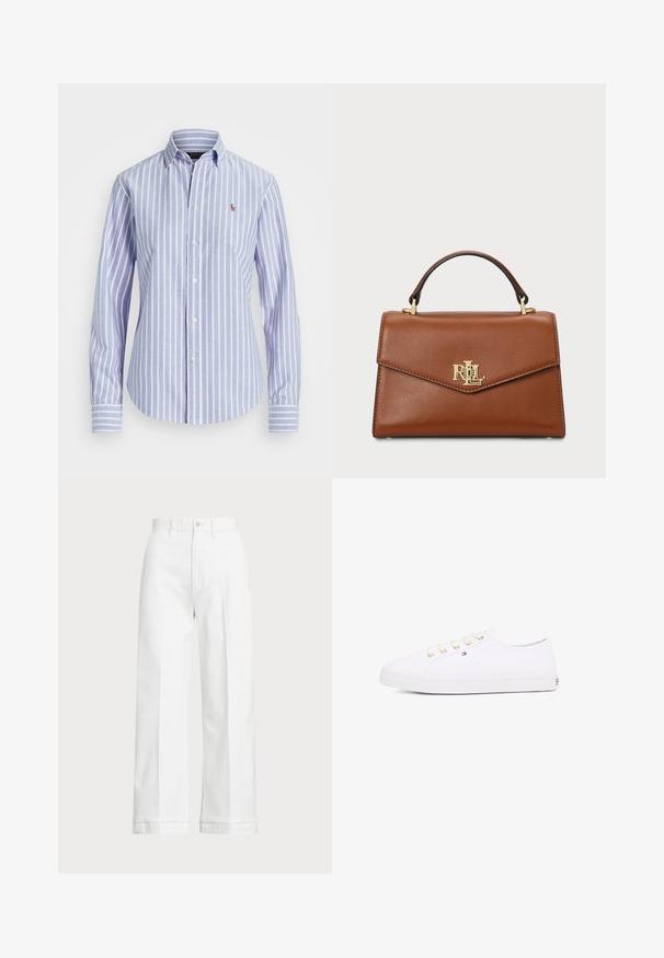 Cămașă cu dungi albastre și albe, cu guler și logo brodat mic pe piept, având manșete butonate. Textură de material moale.; Pantaloni albi, cu picioare largi și talie înaltă, având închidere cu nasture și detalii de cusătură subtile. Fabricat din bumbac cu o textură netedă.; Adidași albi din pânză cu oeți aurii, șireturi plate, talpă din cauciuc texturată și branding minim pe lateral. Design cu profil jos.; Geantă de umăr din piele maro, cu un design structurat, un mâner superior, accente din aur și un logo pe față. Textură netedă.