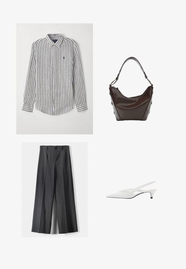 Cămașă cu mânecă lungă în dungi, albă și gri, cu guler cu nasturi. Material dintr-un amestec de bumbac, cu un logo mic pe buzunarul de la piept.; Pantaloni evazați din țesătură gri închis, cu închidere cu buton, pliseuri frontale și curea. Textură netedă cu un design ajustat.; Sandale albe cu toc slingback și vârf ascuțit, având un upper neted, decupaje subtile și un toc bloc mic. Talpa neagră accentuează designul.; Geantă de mână din piele maro închis, cu o formă curbată, închidere cu fermoar și un mânere scurt. Include accesorii metalice și butoane decorative negre pe lateral.