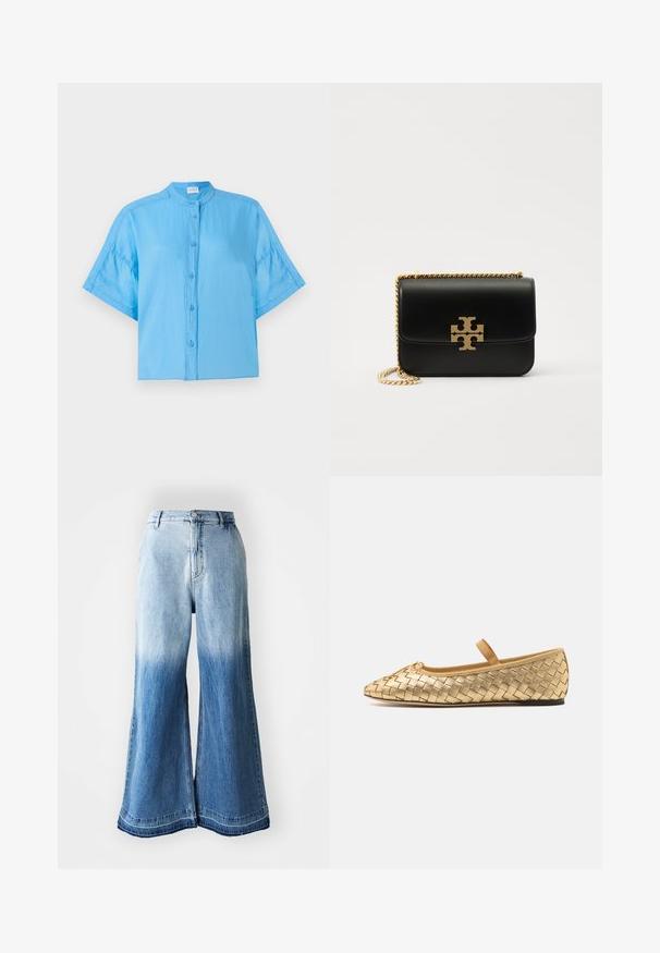 Šviesiai mėlyna trumpomis rankovėmis marškiniai su mandarinų apykakle, pasižymintys laisvu siluetu ir subtiliu blizgesiu audinyje. Išlenktas padas.; Šviesiai mėlynas trumpomis rankovėmis polo marškinėliai su ribota tekstūra, plokščiu apykakle ir priekinėmis sagomis, kuriose yra šešios tos pačios spalvos sagos.; Šviesiai mėlyni džinsai plačiomis kojomis, su išblukusia gradientine spalva nuo šviesios iki tamsios, siūtu apvadu ir penkių kišenių dizainu.; Loeffler Randall LEONIE SOFT BALLET FLAT - Balerinos tipo bateliai su dirželiu ties kulkšnimi - gold; Juodas odinis rankinė su auksinės spalvos grandine ir logotipo akcentu. Turi stačiakampio formą su užlenkiama sklende. Lygus paviršius.