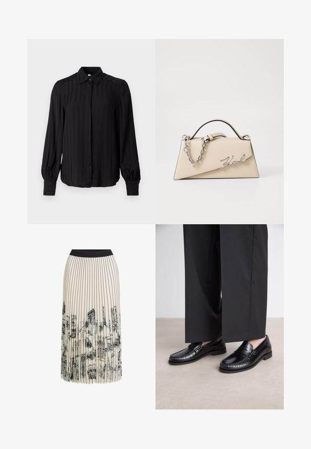 Maglietta nera a maniche lunghe realizzata in tessuto morbido con righe verticali, colletto, chiusura con bottone sul davanti e polsini arricciati.; Gonna plissettata color crema con una vita nera che presenta una stampa dettagliata di schizzi architettonici in nero, mettendo in evidenza vari progetti di edifici.; Mocassini in pelle nera con una finitura liscia, dettagli cuciti attorno alla punta e suola in gomma bassa. Abbinati a pantaloni neri larghi.; Borsa a mano in pelle beige con una forma triangolare strutturata, dotata di un manico in catena argentata e di un logo in metallo scritto in corsivo.