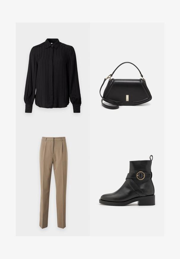 Black long-sleeve shirt made of smooth fabric with vertical stripes, a collar, button-down front, and gathered cuffs.; Brown tailored trousers made of smooth fabric, featuring a straight-leg design, front pleats, and a waistband with belt loops.; BOSS IRYNA BOOTIE - Platform ankle boots - black; Black leather handbag with a structured design, featuring a cropped shape, top handle, and gold hardware accent. Adjustable shoulder strap included.