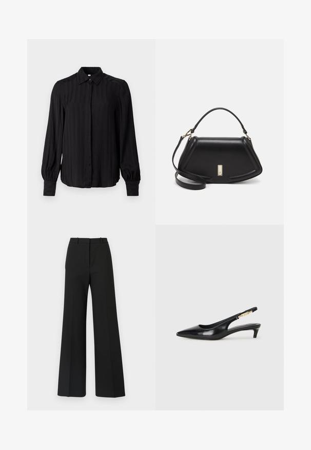 Black long-sleeve shirt made of smooth fabric with vertical stripes, a collar, button-down front, and gathered cuffs.; Black wide-leg trousers with a tailored design, featuring a smooth texture and subtle pleats at the front. No visible hardware or patterns.; Black leather slingback heels with a pointed toe, featuring a slim heel and a gold-tone accent on the adjustable strap. Smooth texture.; Black leather handbag with a structured design, featuring a cropped shape, top handle, and gold hardware accent. Adjustable shoulder strap included.