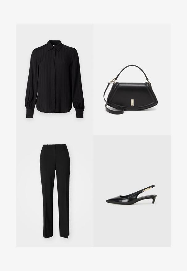Svart långärmad skjorta i slät tyg med vertikala ränder, krage, knapp-front och rynkade manschetter.; Svarta skräddarsydda byxor med rak benform, med en slät yta och skarpa veck fram. Ingen synlig hårdvara.; Svart läder slingback-hälar med spetsig tå, med en smal klack och en guldtonad detalj på den justerbara remmen. Slät textur.; Svart läderhandväska med en strukturerad design, som har en avskuren form, ett handtag upptill och guldiga detaljer. Justerbar axelrem ingår.