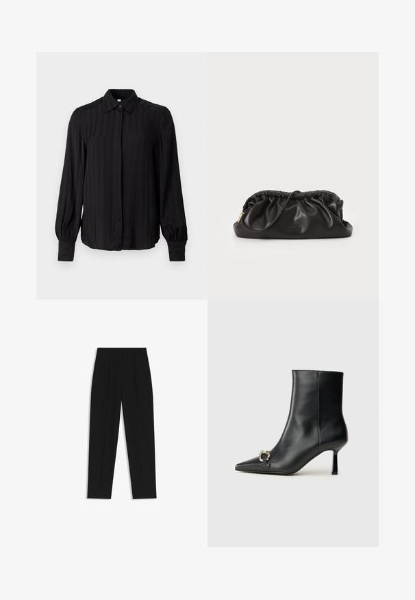 Black long-sleeve shirt made of smooth fabric with vertical stripes, a collar, button-down front, and gathered cuffs.; Black trousers with a straight fit, featuring double pleats, a smooth texture, and a classic waistband design. No visible hardware or accents.; Black leather ankle boot with pointed toe, slim mid-height heel, and silver buckle detail on side against plain background.; Black leather clutch bag with gathered top, zip closure, and gold hardware accent. Smooth texture with embossed logo detail.