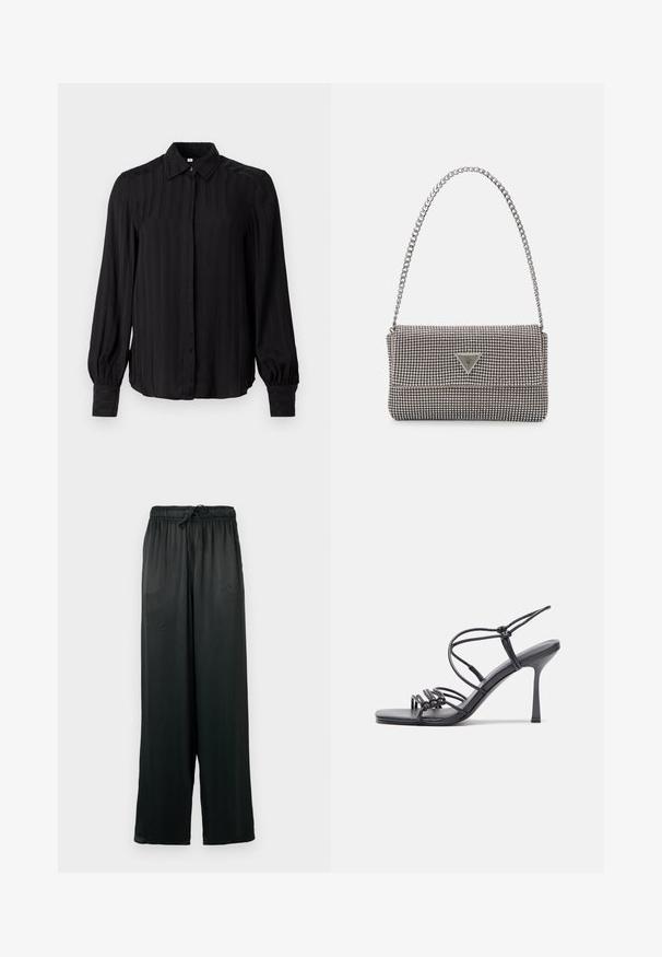 Must elastne must särk pika varrukaga, sileda riide, vertikaalsete triipudega, krae, nupuga esiosa ja kogutud mansettidega.; Mustrad laiad püksid, mis on valmistatud siledast kangast, ja millel on elastne vöökoht koos kohandatava nööriga. Lihtne, minimalistlik disain.; Mustad musta värvi kontsandaalid on varustatud peente rihmadega, millel on sõlmekujundus, siledad ruudukujulised varbad ja stiilne stilettokonts.; Helehall metallik handbags, millel on kett, kaunistatud väikeste ümmarguste metallist õmblustega ja kolmnurkse brändi logoga.; Hõbedased rõngaskõrvarõngad, millel on sile ja läikiv pind. Ümar kuju, kerge disain, millel on post-tagumise kinnituse süsteem.
