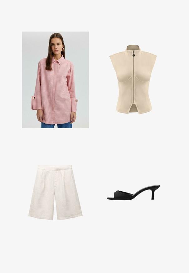 Vaaleanpunainen raidallinen nappikauluspaita, jossa on pitkät hihat ja kultaiset napit yksityiskohtina, sekä halkiot helmassa. Pehmeä kangas ja rento istuvuus.; Beige liivi ilman hihoja, jossa on korkea kaulus ja keskellä vetoketju. Sileä kangas, jonka rakenne on jämäkkä, ja alaosassa on halkio.; Vaaleanbeige pellavashortsit, joissa on leveä lahje, etupuolella laskokset ja sileä vyötärö. Kangas on hieman tekstuurinen.; Mustat korkeat mulesit, joissa on leveä, avoin varvasosa ja kaareva yläosa. Tekstuurista kangasta, jolla on hoikka korko ja sileä pohja.