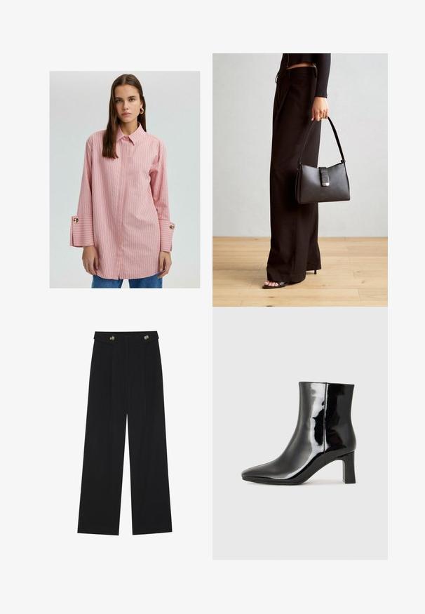 Roze gestreepte button-up shirt met een kraag, lange mouwen met gouden knoopaccenten en gespleten zomen. Glad materiaal met een ontspannen pasvorm.; Zwarte wijde broek met hoge taille, knoopdetails op de tailleband en plooien aan de voorkant.; Zwarte gepolijste leren enkellaars met een spitse neus en een blokhak van gemiddelde hoogte. Glad textuur en minimalistisch ontwerp.; Zwarte handtas met gestructureerde vorm, gladde textuur en een metalen sluiting. Gecombineerd met brede zwarte broeken en sandalen met open teen op een houten vloer.