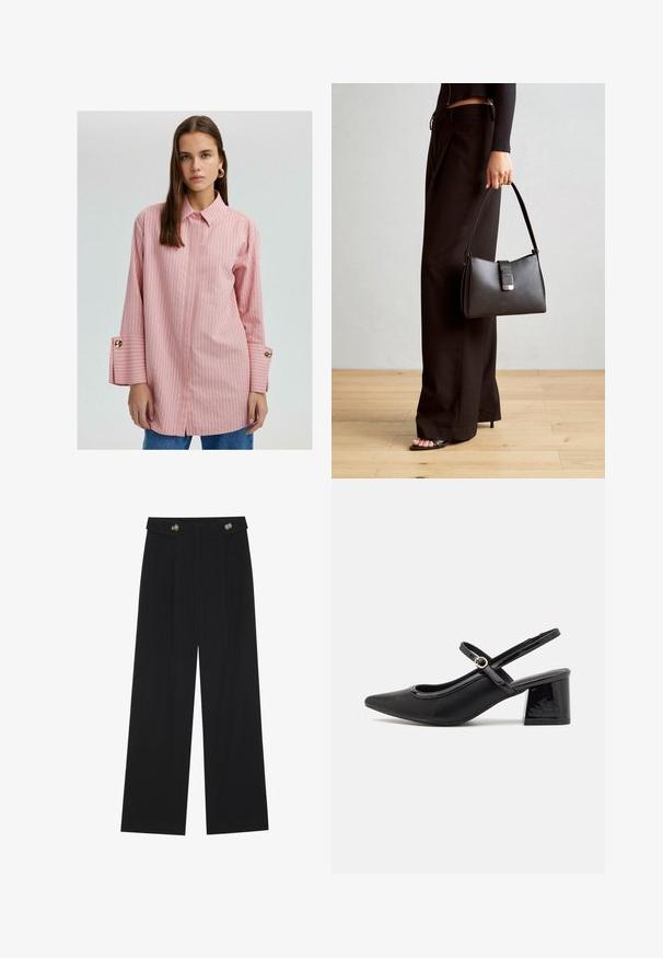 Pink striped button-up shirt with a collar, long sleeves featuring gold button accents, and split hems. Smooth fabric with a relaxed fit.; Black wide-leg trousers with high waist, button details on waistband, and front pleats.; Black patent leather slingback heels with a pointed toe, a rounded cutout design, and a block heel. Features a gold-tone buckle accent.; Black handbag with structured shape, smooth texture, and a metallic clasp. Paired with wide black pants and open-toe sandals on wooden floor.