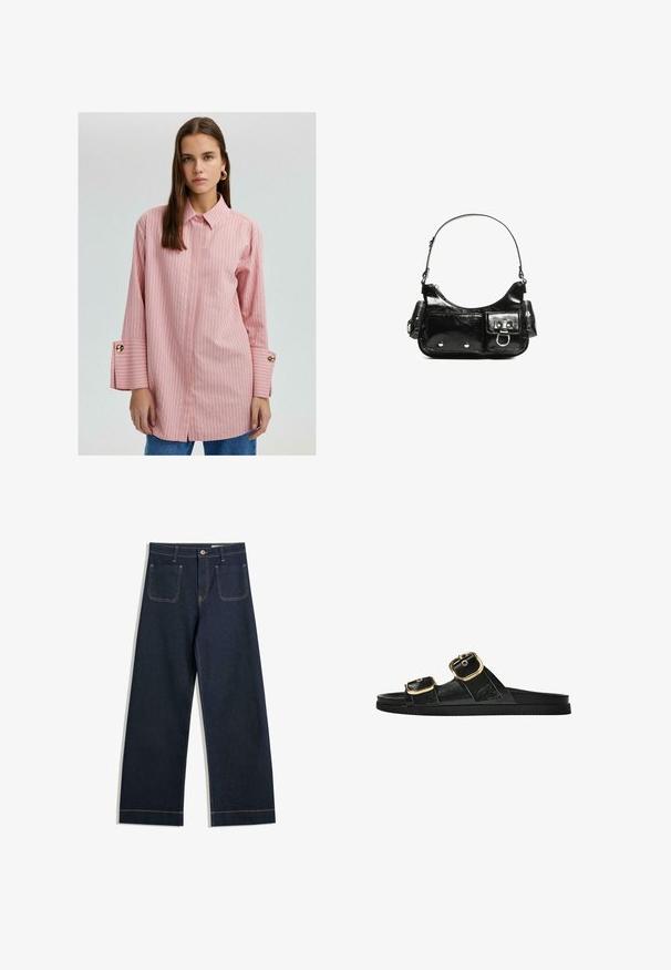 Rózsaszín csíkos, galléros ing, hosszú ujjakkal, arany gombos részletekkel és hasított szegélyekkel. Simább anyag, laza fazonnal.; Sötétkék, széles szárú farmernadrág, eltérő bézs varrással, két hátsó zsebbel és gombos záródással a deréknál.; Fekete csúszó szandál, két arany csattal, sima textúrájú anyagból, lapos talppal és minimalista dizájnnal.; Fekete lakkbőr kézitáska ívelt formával, egy vállpánttal, elülső zsebekkel és ezüstszínű fémrészletekkel.