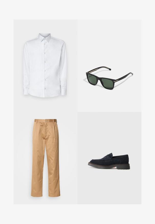 Weißes Langarmhemd aus glattem Stoff, mit klassischem Kragen, Knopfleiste und Manschetten mit Knöpfen, vor einem einfarbigen Hintergrund präsentiert.; Khaki-Hosen aus Baumwollmischung, im geraden Schnitt, mit Vorderfalten, Gürtelschlaufen und Knopfverschluss. Glatte Textur ohne Muster.; Marineblaue Wildleder-Lederhosen mit runder Spitze, dekorativen Nähten und einer Gummisohle mit leichte Erhöhung. Strapazierfähiges Material und Design.; BOSS Sonnenbrille - black