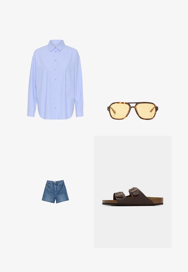 Vaaleansininen pitkähihainen paita, jossa on nappikaulus, edessä napitus ja hieman pyöristetty helma. Pehmeä kangas, jossa on sileä koostumus.; Farkkushortsit keskipitkässä sinisessä pesussa, joissa on klassinen viisi-taskuinen muotoilu, vyölenkit ja vetoketjulahkeella varustettu nappikiinnitys.; Ruskea, litteä liukusandaali, jossa on kaksi säädettävää nauhaa. Valmistettu sileästä materiaalista, jossa on korkkijalkapohja ja teksturoitu kumipohja.; Kilpikonnakuosiset aurinkolasit, joissa on geometrinen muotoilu, keltaiset linssit ja metalliset yksityiskohdat saranoissa. Laaja kehys ja matta pinta.