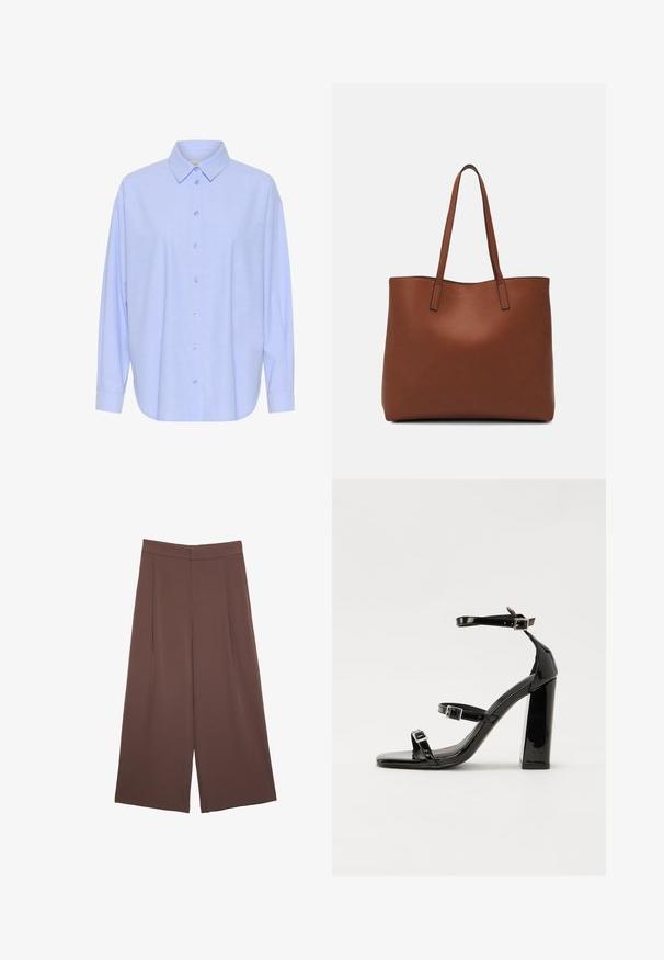 Helles blaues Langarmhemd mit Button-Down-Kragen, durchgehender Knopfverschluss und leicht abgerundetem Saum. Weicher Stoff mit glatter Textur.; Braune Weite-Leg-Hosen mit einer glatten Textur, hoher Taille und Vorderfalten. Der Stoff ist leicht und fällt locker.; Schwarze patentierte Sandalen mit Absatz, quadratischer Spitze, Knöchelriemen und silbernen Schnallen. Mit einem stabilen Blockabsatz für mehr Stabilität.; Braune Leder-Tote mit glatter Textur, offenem Oberteil und zwei Schulterriemen. Verfügt über minimale Nähte und keine sichtbaren Beschläge.