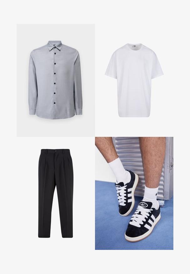 Camicia a maniche lunghe con bottoni in tessuto grigio chiaro, con colletto a punta e sei bottoni neri sulla parte frontale. Tessuto liscio, senza motivo.; Maglietta bianca in cotone con maniche corte, scollatura rotonda, vestibilità comoda e senza loghi o motivi visibili. Texture liscia e design minimale.; Pantaloni neri con design a pieghe sul davanti, realizzati in tessuto morbido. Presentano una chiusura con bottone e passanti per cintura; vestibilità a gamba dritta.; Sneakers in suede nero con lacci bianchi e tre strisce bianche. Presentano un logo circolare nero sulla linguetta e una suola in gomma color gomma.