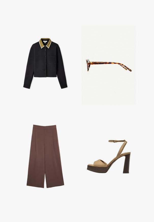 Black cropped shirt with long sleeves, olive green collar, white trim, front button closure, and single chest pocket. Smooth, solid texture.; Brown wide-leg trousers with a smooth texture, featuring a high waist and front pleats. The fabric is lightweight and flows loosely.; Beige suede high-heeled sandals with a wide front strap and ankle strap, featuring a chunky wooden block heel with a textured finish.; Tortoiseshell sunglasses with a thick frame, slightly curved temples, and smooth texture. Features a classic design with a glossy finish.