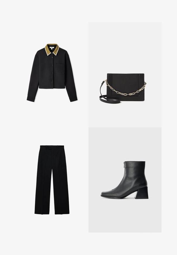 Černé zkrácené tričko s dlouhými rukávy, olivově zeleným límcem, bílým lemem, předním zapínáním na knoflíky a jednou náprsní kapsou. Hladká, pevná textura.; Černé široké kalhoty s vysokým pasem, se šlemi a bočními kapsami, s předním zipem a knoflíkovým zapínáním.; Černá kožená kotníková bota se čtveratým špičkou, bočním zipem a blokovým podpatkem na jednobarevném světlem pozadí.; Černá kožená crossbody taška s hladkým povrchem, obdélníkovým tvarem a kovovým řetízkem na přední straně. Součástí je nastavitelný popruh.