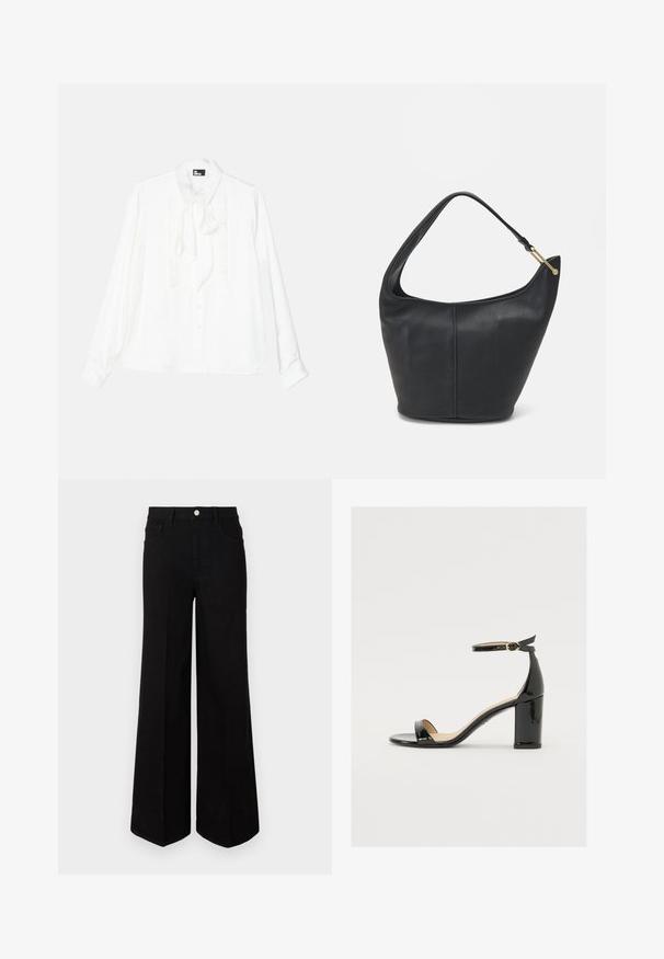 White long-sleeve shirt with a ruffled front, button closure, and tie-neck detail. Smooth texture with a classic collar and relaxed fit.; Black wide-leg jeans made of sturdy fabric, featuring a high waist, front pockets, and a front button closure. Flat hem at the bottom.; Black patent leather sandal with a wide heel, open toe, and ankle strap featuring a gold buckle. Smooth texture and sleek design.; Black leather handbag with a rounded shape, a wide strap, and a textured finish. Features a subtle seam detail and a gold-tone hardware accent.