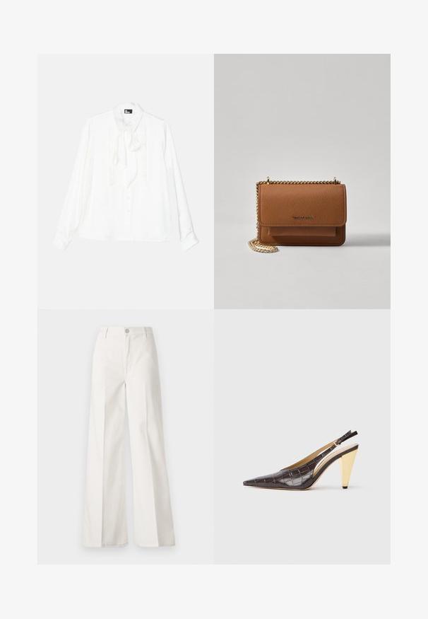 Hvit skjorte med lange ermer, rynket front, knappeåpning og sløyfehalsdetalj. Glatt tekstur med klassisk krage og avslappet passform.; Hvite vide bukser laget av bomull med en glatt tekstur. Har en frontknapp, glidelåsgylf og fire lommer.; Spenne-punktet hæl i mørkebrun, blank faux krokodillelær. Har en gullfarge geometrisk hæl og justerbar ankelstropp.; Brun teksturert lær crossover-veske med gullkjede-stropp og klaffelukking. Fronten har logo-detalj og en lomme under klaffen.