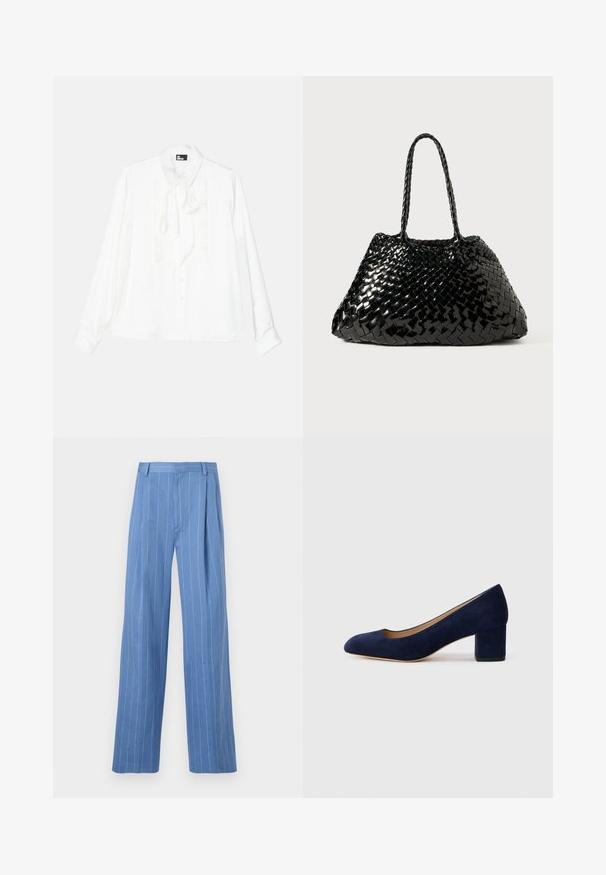 White long-sleeve shirt with a ruffled front, button closure, and tie-neck detail. Smooth texture with a classic collar and relaxed fit.; Light blue wide-leg trousers with vertical white stripes. Made of smooth material, featuring a front pleat and a clean waistband design.; Navy blue suede pump with a pointed toe and a mid-height block heel. Smooth texture with a subtle sheen and a small cutout at the front.; Black woven handbag with a glossy finish. Features two braided handles and a spacious, triangular shape. Textured woven pattern throughout.