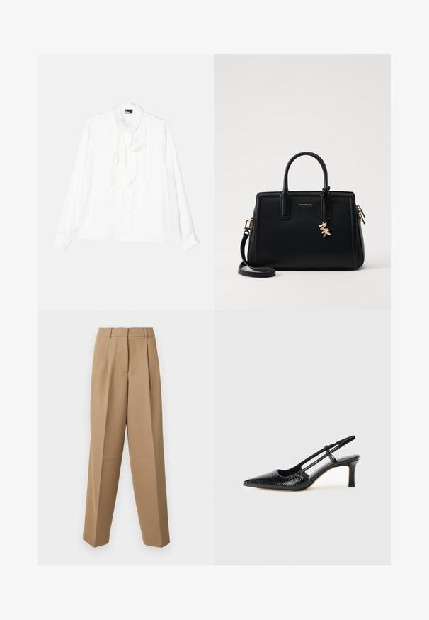 Cămașă albă cu mâneci lungi, cu un față volanată, închidere cu nasturi și detaliu de panglică la gât. Textură netedă, cu guler clasic și croială lejeră.; Pantaloni bej, croiți, cu talie înaltă, față pliseată și croi larg. Materialul pare neted, cu un ușor luciu.; Pantofi cu toc slingback negri din patent, cu vârf ascuțit, cu imprimeu de șarpe texturat, curea ajustabilă și toc scurt texturat.; Geantă de mână din piele neagră cu un design structurat, mânere superioare duble, curea de umăr detasabilă, accesorii din aur și un pandantiv cu logo.