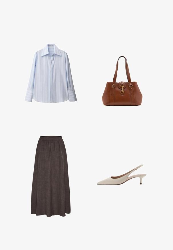 Svetlo modra srajca z dolgimi rokavi, vertikalnimi belimi črtami, koničastim ovratnikom in gumbnimi manšetami. Narejena je iz gladkega materiala z udobnim prileganjem.; Maxi krilo v temno rjavi barvi, izdelano iz teksturirane tkanine z elastičnim pasom. Široka, prosto padajoča silhueta nima vidnih vzorcev ali poudarkov.; Bež sandale s peto, ki se zavezuje za peto, z izostrenim nosom in nizko, razširjeno peto. Narejene iz gladke usnje z minimalisticnim dizajnom in prilagodljivo zanko.; Rjava usnjena torba z dvema ročajema, okroglo obliko, zlatim okovjem in osrednjim detajlom z zaponko. Gladka tekstura z izvezenimi detajli.