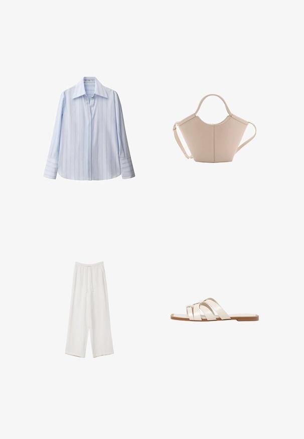Hellblaues, langärmliges Hemd mit vertikalen weißen Streifen, spitzem Kragen und geknöpften Manschetten. Aus glattem Stoff mit lockerer Passform.; Weiße weit geschnittene Hose aus leichtem Stoff. Mit einem elastischen Bund und Kordelzug sowie Seitentaschen. Glatte Textur.; Flache Sandalen mit einer honigfarbenen Gummisohle, gestaltet mit drei überlappenden weißen Lederriemen und einem kleinen Schleifendetail in der Mitte.; Beige Lederhandtasche mit einer einzigartigen Form, die zwei kurze Henkel und einen langen verstellbaren Riemen aufweist. Glatte Textur mit minimalen Hardware-Elementen.