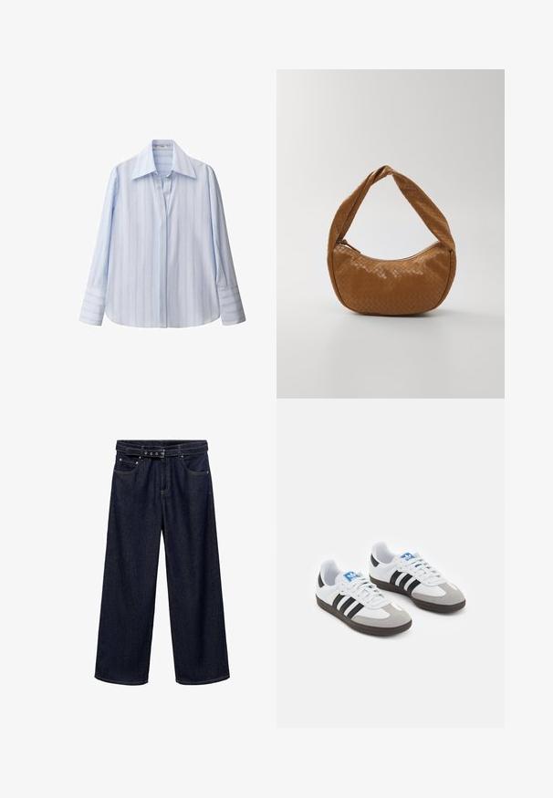 Svetlo modrá, dlhá košeľa s vertikálnymi bielymi pruhmi, so špicatým golierom a gombíkovými manžetami. Vyrobená z hladkej tkaniny s voľným strihom.; Tmavomodré široké džínsy vyrobené z denimu. Majú pás s opaskom a viacerými gombíkmi, predné vrecká a čistý lem na okrajoch.; Športové topánky s bielym koženým zvrškom, šedou semišovou špičkou a tromi čiernymi pruhmi. Obsahujú modré logo na jazyku a štruktúrovanú gumovú podrážku.; Tkaná kožená kabelka v hnedej farbe, oválneho tvaru s hrubým zapleteným uchom, so zipsovým uzatváraním a lesklým povrchom.