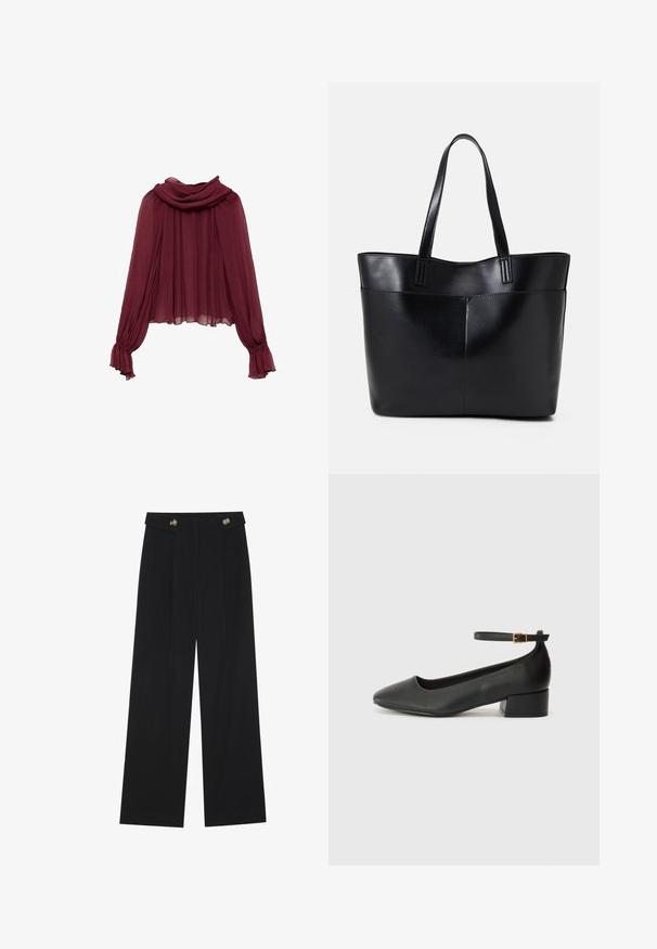 Blusa in chiffon bordeaux con collo drappeggiato e maniche lunghe. Le maniche presentano polsini arricciati, creando una silhouette fluida.; Pantaloni neri a gamba larga con vita alta, dettagli con bottoni in vita e pieghe frontali.; Pump in pelle nera con punta affusolata e tacco basso a blocco. Presenta una cinghia alla caviglia con una fibbia in tonalità oro. Texture liscia.; Borsa a tracolla in pelle nera con due manici lunghi, una texture liscia e una forma strutturata. Presenta una tasca frontale per ulteriore spazio di archiviazione.