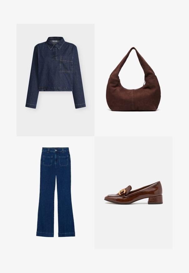 Cropped denim shirt with a dark blue hue, button-down collar, front pocket, and long sleeves featuring stitched detailing along the seams.; Three long-sleeve t-shirts: one solid burgundy, one burgundy with white stripes, and one solid white. All are made of soft, stretchable fabric.; Denim flared jeans in dark blue with a smooth texture, five-pocket design, and a button closure at the waist.; Brown leather loafers with a glossy finish, featuring a decorative gold buckle on the front and a low block heel. Classic design.; Brown suede hobo bag with a curved, wide handle and a large opening. Soft texture with visible stitching detailing along the edges.