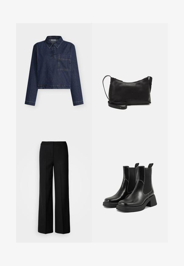 Kort denimskjorte med mørk blå nyanse, knappet krage, brystlomme og lange ermer med sydd detalj langs sømmene.; Svarte vide bukser med et glatt stoff, med høy livvidde, skreddersydde sømmer og et minimalistisk design. Ingen synlig maskinvare eller lommer.; Sorte lær Chelsea støvler med en kraftig hæl, elastiske sidepaneler og kontrasterende hvid syning. Teksturert overflate.; Svart skinn skulderveske med glatt tekstur, buet form, justerbar stropp og glidelås. Minimalistisk design uten dekorasjoner.