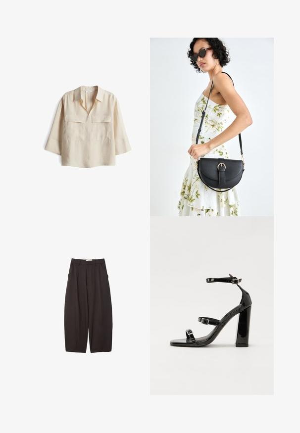 Hellbeiges Leinenhemd mit geradem Schnitt, kurzen Ärmeln und zwei Fronttaschen. Verfügt über einen klassischen Kragen und minimalistische Details.; Schwarze weit geschnittene Hosen aus einem glatten Stoff, mit hoher Taille, Frontfalten und Seitentaschen. Schlichtes Design ohne Verzierungen.; Schwarze patentierte Sandalen mit Absatz, quadratischer Spitze, Knöchelriemen und silbernen Schnallen. Mit einem stabilen Blockabsatz für mehr Stabilität.; Schwarze Lederhandtasche mit geschwungener Form, abnehmbarem Tragegurt und goldenen Beschlägen. Die Tasche verfügt über einen Deckel mit einer Schnallen-Details.