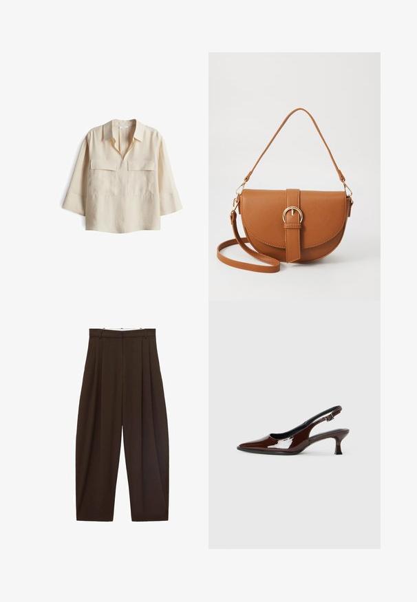 Camicia in lino beige chiaro con taglio dritto, maniche corte e due tasche frontali. Presenta un colletto classico e dettagli minimi.; Pantaloni marroni a vita alta con pieghe, realizzati in tessuto morbido. Vestibilità ampia, design a gamba dritta, dotati di passanti per cintura e chiusura con zip.; Scarpa slingback in pelle verniciata marrone con punta affusolata e tacco moderato. Presenta una fascia con fibbia per una calzata sicura. Tessuto liscio.; Borsa a tracolla in pelle marrone con forma curvata, hardware dorato e un dettaglio con fibbia. Presenta una tracolla rimovibile.