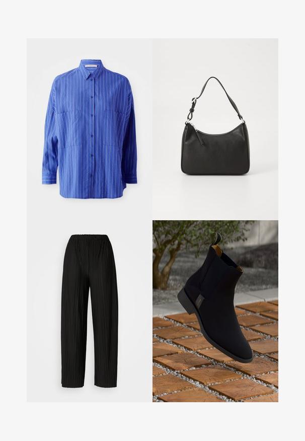 Blue button-up shirt with white stripes, featuring a collar, long sleeves, and two front pockets. Smooth fabric with a slightly loose fit.; Black pleated wide-leg pants with an elastic waistband. The fabric features vertical pleats and a smooth texture.; Black leather ankle boot with a smooth finish, yellow inner lining, and a pull tab; set against a textured wood and gravel surface.; Black leather handbag with a curved shape, a single strap, zip closure, and subtle branding on the front. Smooth texture, minimalist design.