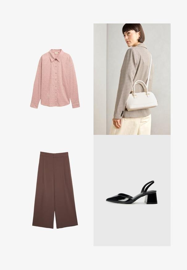 Svetlo roza srajca z dolgimi rokavi in gumbi, s ovratnikom in teksturiranim vzorcem pik. Narejena iz mehkega blaga z oblikovanimi rokavi.; Rjave široke hlače z gladko teksturo, ki imajo visok pas in sprednje naborke. Tkanina je lahka in prosto pada.; Črne lakirane slingback pete s koničastim nosom in geometrijsko blokasto peto. Imajo eleganten, minimalističen dizajn in gladko teksturo.; Bela strukturirana torba z kratkimi ročaji in naramnim trakom, z zlatimi okrasnimi elementi in teksturiranim materialom, prikazana na sivi podlagi.
