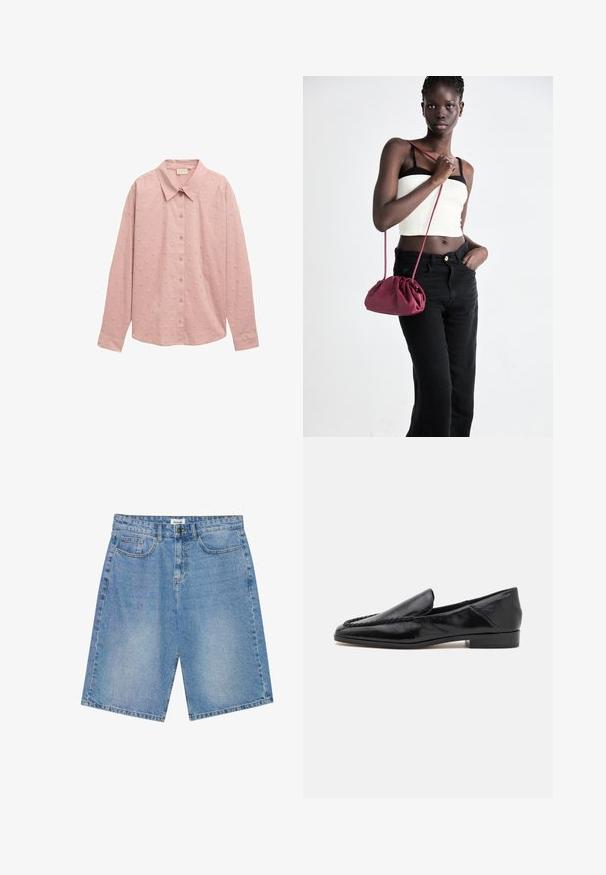 Svijetlo ružičasta košulja dugih rukava s gumbima, ovratnikom i teksturiranim uzorkom točkica. Izrađena od mekane tkanine s čvrstim rukavima.; Trenirke od trapera u svijetloplavoj boji s ravnim krojem, dizajnom s pet džepova i kontrastnim šavovima. Imaju zatvaranje na dugme i patentni zatvarač.; Crne kožne loaferice s glatkom površinom, s ubrusnim dizajnom duž prednjeg ruba i niskim kvadratnim potplatom.; Bordo mekani torbeni sakupljenog dizajna s dugom trakicom, nošenom preko tijela. Model nosi bijelu kratku majicu i crne traperice.