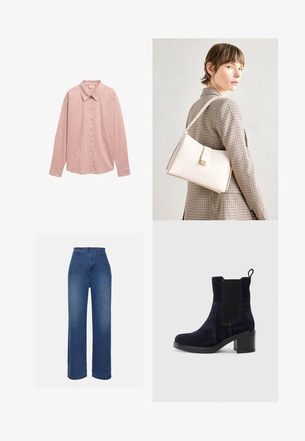 Camisa de botones de manga larga en rosa claro, con cuello y un patrón de lunares texturizados. Fabricada con una tela suave y con mangas estructuradas.; Jeans de mezclilla de talle alto en azul medio. Presenta detalles de botones en la parte frontal y un diseño de pierna ancha. La tela tiene una textura suave con un ligero desvanecimiento.; Botín de ante azul marino con panel lateral elástico, puntera redondeada y tacón de bloque. La tela texturizada y la suela lisa añaden contraste.; Bolso de mano de cuero blanco con un diseño estructurado, que presenta un cierre magnético y una correa para el hombro, exhibido sobre un fondo neutro.