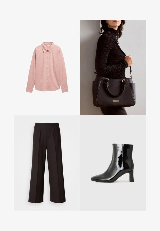 Heledad roosa pikakäiselne nööbitav särk, millel on krae ja tekstuuriga täppde muster. Valmistatud pehmest kangast, millel on struktureeritud varrukad.; Mustad laiade jalgadega püksid, millel on lame eesmine osa, voltide ja sileda kangast tekstuur. Omab kõrget taljet ja kohandatud lõiget struktureeritud sobivuse tagamiseks.; Must-sinine nahkjalats musta läikiva viimistlusega, millel on terav nina ja keskmise kõrgusega plokk konts. Sile tekstuur ja minimalistik disain.; Musthave must kott, millel on tekstuurne pind, kaks ülemist käepidet ja reguleeritav õlarihm. Omab kuldse tooni riistu ja külgtaskuid.