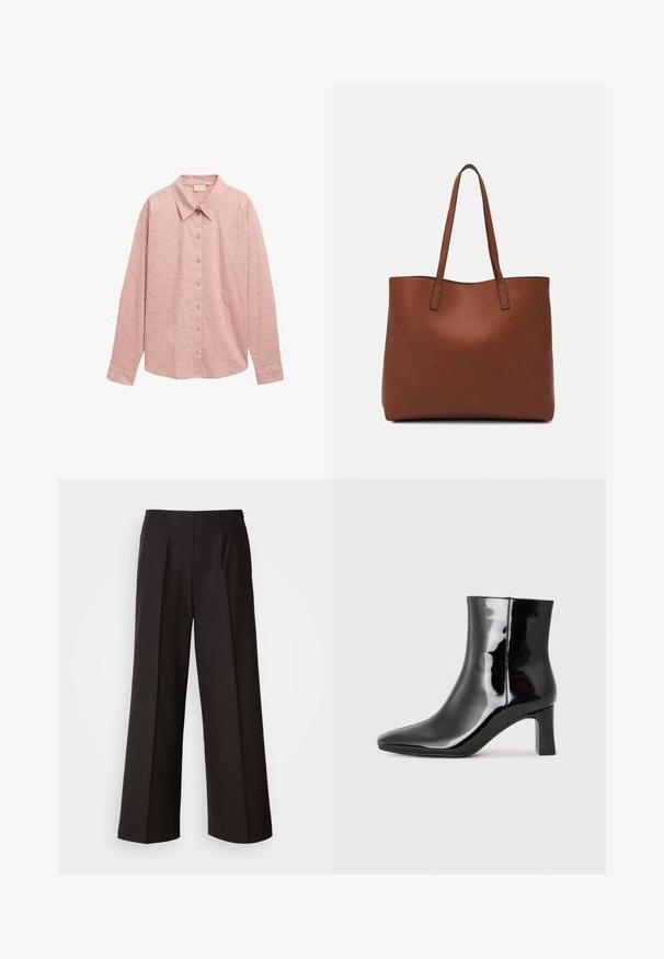 Lichtroze overhemd met lange mouwen, knoopsluiting en kraag, met een gestructureerd stippenpatroon. Gemaakt van zacht materiaal met gestructureerde mouwen.; Zwarte wijde broek met een vlakke voorkant, plooien en een soepele stoftextuur. Heeft een hoge taille en een op maat gemaakte snit voor een gestructureerde pasvorm.; Zwarte gepolijste leren enkellaars met een spitse neus en een blokhak van gemiddelde hoogte. Glad textuur en minimalistisch ontwerp.; Bruine leren tote bag met een gladde textuur, een ontwerp met een open bovenkant en twee schouderbanden. Kenmerkt zich door minimale stiksels en geen zichtbare hardware.
