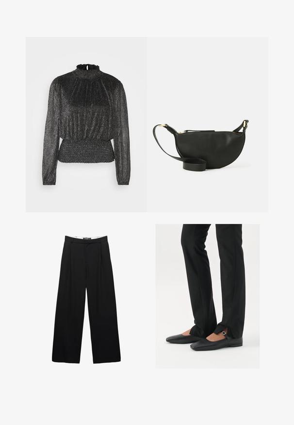 Fekete, hosszú ujjú felső, összegyűrt nyakkivágással, redőzött textúrával és ráncolt derékkal, finom fémes fényű kialakítással.; Sima anyagból készült, bőszárú fekete nadrág. Elöl pliszék, övhurkos derékbőség és lágy fazon jellemzi.; Fekete bőr balettcipők hegyes orral, ezüst csattal ellátott pánttal, fekete szabott nadrággal, amelynek hasított szegélye van.; Fekete bőr keresztpántos táska félhold formában, texturált felülettel, arany cipzárral és lapos pánttal. Kompakt kialakítás, amely a fontos dolgok számára alkalmas.; Ezüst fém fülbevalók hullámos, szobrászati kialakítással, fényes felülettel és szabálytalan formákkal, amelyek a kortárs esztétikát hangsúlyozzák.