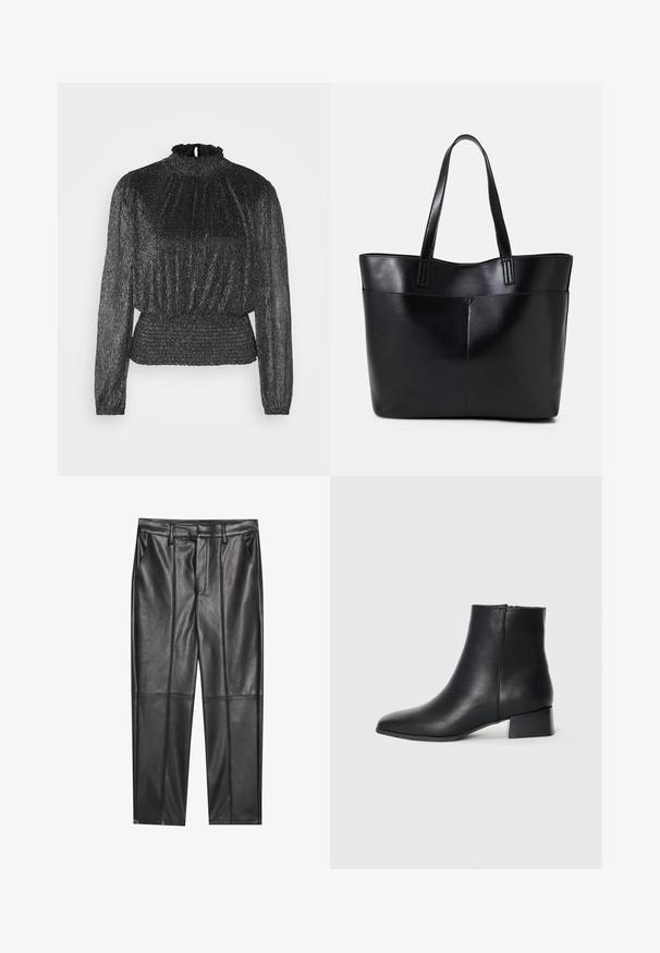Top nero a maniche lunghe con colletto arricciato, texture plissettata e vita smock, caratterizzato da una delicata lucentezza metallica.; Pantaloni in pelle nera con una texture liscia, caratterizzati da un fit dritto, due tasche frontali e dettagli delle cuciture in evidenza.; Stivaletto in pelle nera con punta affusolata e tacco basso a blocco, caratterizzato da una superficie liscia e un design minimalista.; Borsa a tracolla in pelle nera con due manici lunghi, una texture liscia e una forma strutturata. Presenta una tasca frontale per ulteriore spazio di archiviazione.
