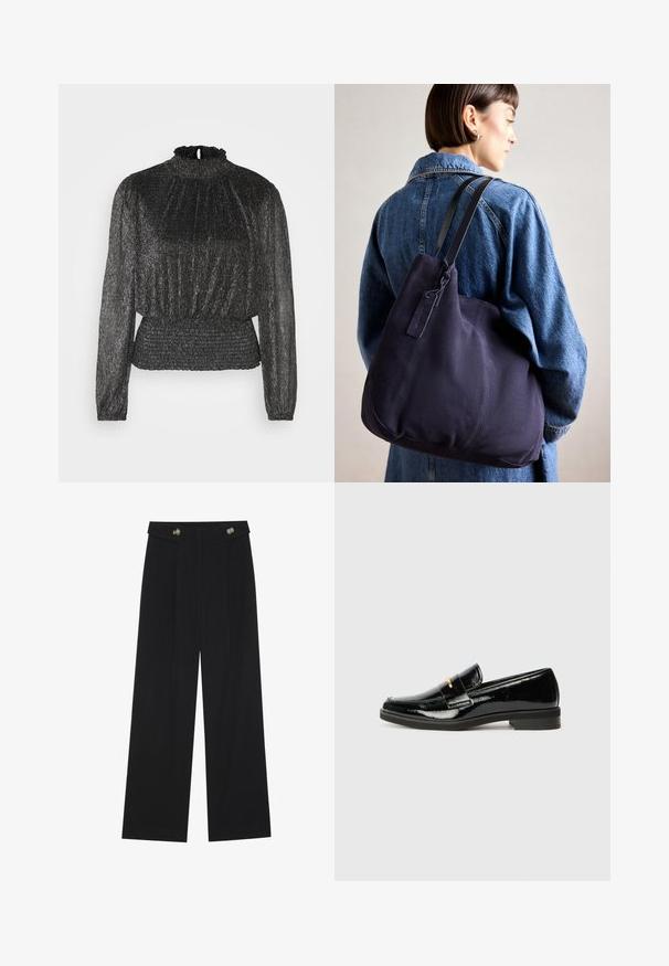 Melna garām piedurknēm blūze ar savākta kakla dizainu, pleatētu tekstūru un ruļļotu jostasvietu, kas apveltīta ar smalku metālisku spīdumu.; Melnas platās bikses ar augstu jostasvietu, pogu detaļām uz jostas un priekšējām krokām.; Melnas patentētas ādas loafer kurpes ar zemu papēdi, ar siksniņu un zeltītu akcentu augšdaļā, gluda tekstūra un noapaļota purnga.; Jūras spēku kanvas plecu soma ar mīkstu, strukturēta formu, kas piedāvā melnu siksnu, izšūtu detaļu un nelielu zīmola birku.